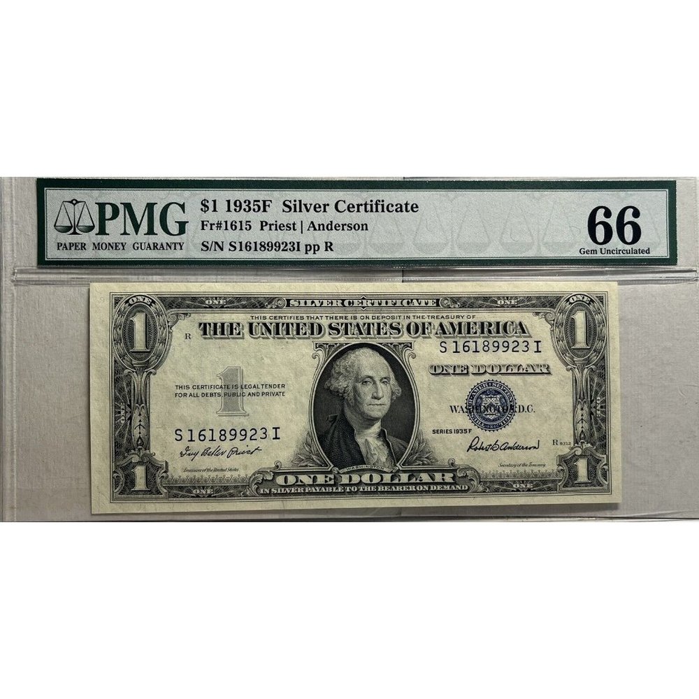 1935-F  $1 Silver Certificate W/ Motto PMG Gem Uncirculated 66 Graded Note Bill!
